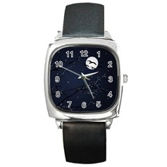 Night Birds And Full Moon Square Leather Watch by dflcprints