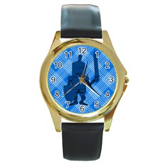 Blue Knight On Plaid Round Leather Watch (gold Rim)  by StuffOrSomething