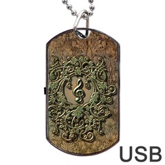 Elegant Clef With Floral Elements On A Background With Damasks Dog Tag Usb Flash (two Sides)  by FantasyWorld7