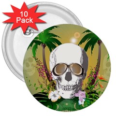 Funny Skull With Sunglasses And Palm 3  Buttons (10 Pack)  by FantasyWorld7