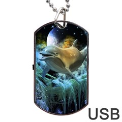 Funny Dolphin In The Universe Dog Tag Usb Flash (one Side) by FantasyWorld7