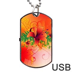 Awesome Red Flowers With Leaves Dog Tag Usb Flash (two Sides)  by FantasyWorld7