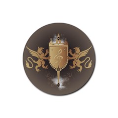 Music, Clef On A Shield With Liions And Water Splash Rubber Coaster (round)  by FantasyWorld7