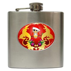 Funny, Cute Christmas Owl  With Christmas Hat Hip Flask (6 Oz) by FantasyWorld7