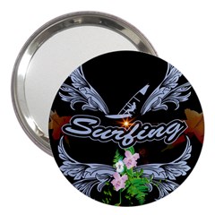 Surfboarder With Damask In Blue On Black Bakcground 3  Handbag Mirrors by FantasyWorld7