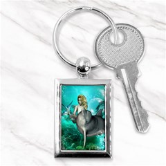 Beautiful Mermaid With  Dolphin With Bubbles And Water Splash Key Chains (rectangle)  by FantasyWorld7