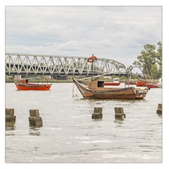 Boats At Santa Lucia River In Montevideo Uruguay Large Satin Scarf (square) by dflcprints