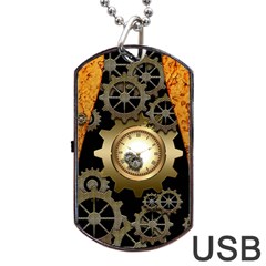 Steampunk Golden Design With Clocks And Gears Dog Tag Usb Flash (one Side) by FantasyWorld7