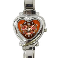 Surfing, Surfboard With Floral Elements  And Grunge In Red, Black Colors Heart Italian Charm Watch by FantasyWorld7