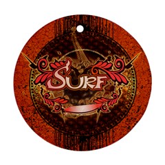 Surfing, Surfboard With Floral Elements  And Grunge In Red, Black Colors Round Ornament (two Sides)  by FantasyWorld7