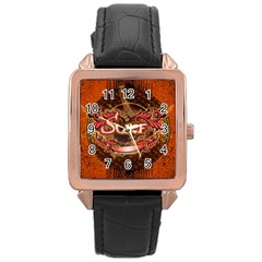 Surfing, Surfboard With Floral Elements  And Grunge In Red, Black Colors Rose Gold Leather Watch  by FantasyWorld7