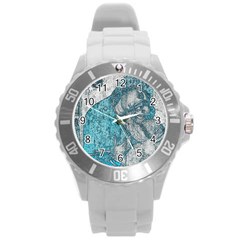 Mother Mary And Infant Jesus Christ  Blue Portrait Old Vintage Drawing Round Plastic Sport Watch (l) by yoursparklingshop