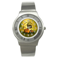 Halloween, Funny Pumpkins And Skull With Spider Stainless Steel Watch by FantasyWorld7