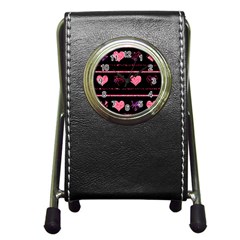 Pink Elegant Harts Pattern Pen Holder Desk Clocks by Valentinaart