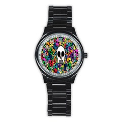 Skull Background Bright Multi Colored Stainless Steel Round Watch by Simbadda