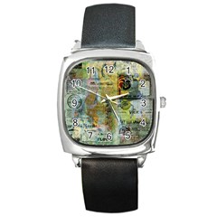 Old Newspaper And Gold Acryl Painting Collage Square Metal Watch by EDDArt
