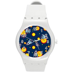 Rocket Ufo Moon Star Space Planet Blue Circle Round Plastic Sport Watch (m) by Mariart