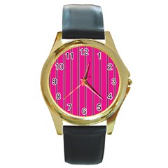 Pink Line Vertical Purple Yellow Fushia Round Gold Metal Watch by Mariart