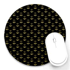 Gold Scales Of Justice On Black Repeat Pattern All Over Print  Round Mousepads by PodArtist