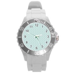 Pink Flowers Blue Round Plastic Sport Watch (l) by snowwhitegirl