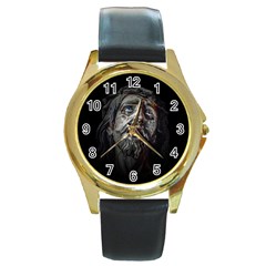Jesuschrist Face Dark Poster Round Gold Metal Watch by dflcprints