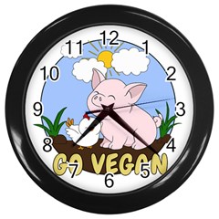Go Vegan - Cute Pig And Chicken Wall Clocks (black) by Valentinaart
