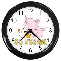Go Vegan - Cute Pig And Chicken Wall Clocks (black) by Valentinaart