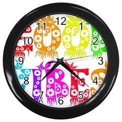 Good Vibes Rainbow Colors Funny Floral Typography Wall Clocks (black) by yoursparklingshop