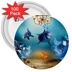 Dolphin Art Creation Natural Water 3  Buttons (100 Pack)  by Sapixe