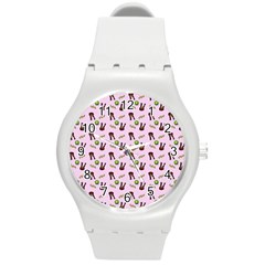 School Girl Pattern Pink Round Plastic Sport Watch (m) by snowwhitegirl