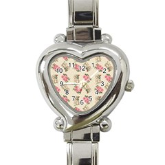 Retro Dog Floral Pattern Ecru Heart Italian Charm Watch by snowwhitegirl