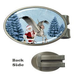 Santa Claus With Cute Pegasus In A Winter Landscape Money Clips (oval)  by FantasyWorld7
