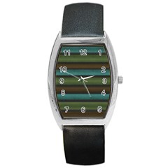 Stripes Teal Yellow Brown Grey Barrel Style Metal Watch by BrightVibesDesign