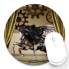 Awesome Steampunk Unicorn With Wings Round Mousepads by FantasyWorld7
