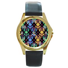 Pattern Background Bright Blue Round Gold Metal Watch by HermanTelo