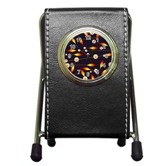 Flower Buds Floral Background Pen Holder Desk Clock by Bajindul