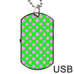 Modern Pink Flowers  On Green Dog Tag Usb Flash (one Side) by BrightVibesDesign