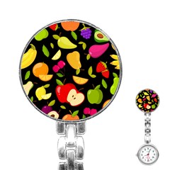 Vector Seamless Summer Fruits Pattern Black Background Stainless Steel Nurses Watch by Vaneshart