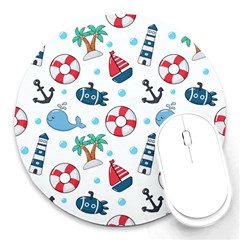 Seamless Pattern Nautical Icons Cartoon Style Round Mousepads by Vaneshart