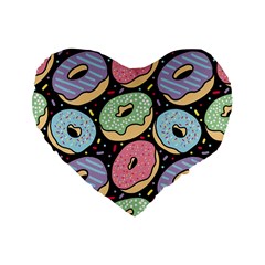 Colorful Donut Seamless Pattern On Black Vector Standard 16  Premium Heart Shape Cushions by Sobalvarro