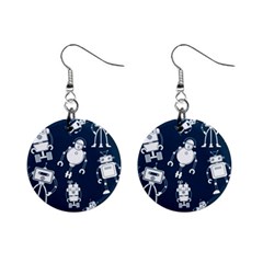 White Robot Blue Seamless Pattern Mini Button Earrings by Vaneshart