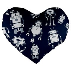 White Robot Blue Seamless Pattern Large 19  Premium Heart Shape Cushions by Vaneshart