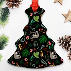 Floral Pattern With Plants Sloth Flowers Black Backdrop Christmas Tree Ornament (two Sides) by Vaneshart