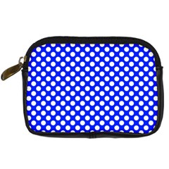 Dark Blue And White Polka Dots Pattern, Retro Pin-up Style Theme, Classic Dotted Theme Digital Camera Leather Case by Casemiro
