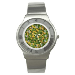 Yellow Green Brown Camouflage Stainless Steel Watch by SpinnyChairDesigns