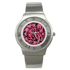 Black And Pink Camouflage Pattern Stainless Steel Watch by SpinnyChairDesigns