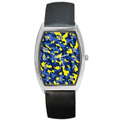 Blue And Yellow Camouflage Pattern Barrel Style Metal Watch by SpinnyChairDesigns
