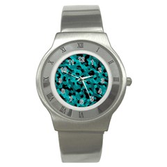 Black And Teal Camouflage Pattern Stainless Steel Watch by SpinnyChairDesigns