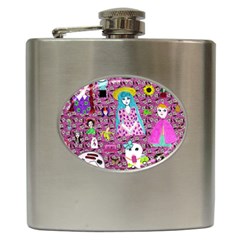 Blue Denim And Drawings Daisies Pink Hip Flask (6 Oz) by snowwhitegirl