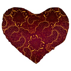 Golden Red Pattern Large 19  Premium Flano Heart Shape Cushions by designsbymallika